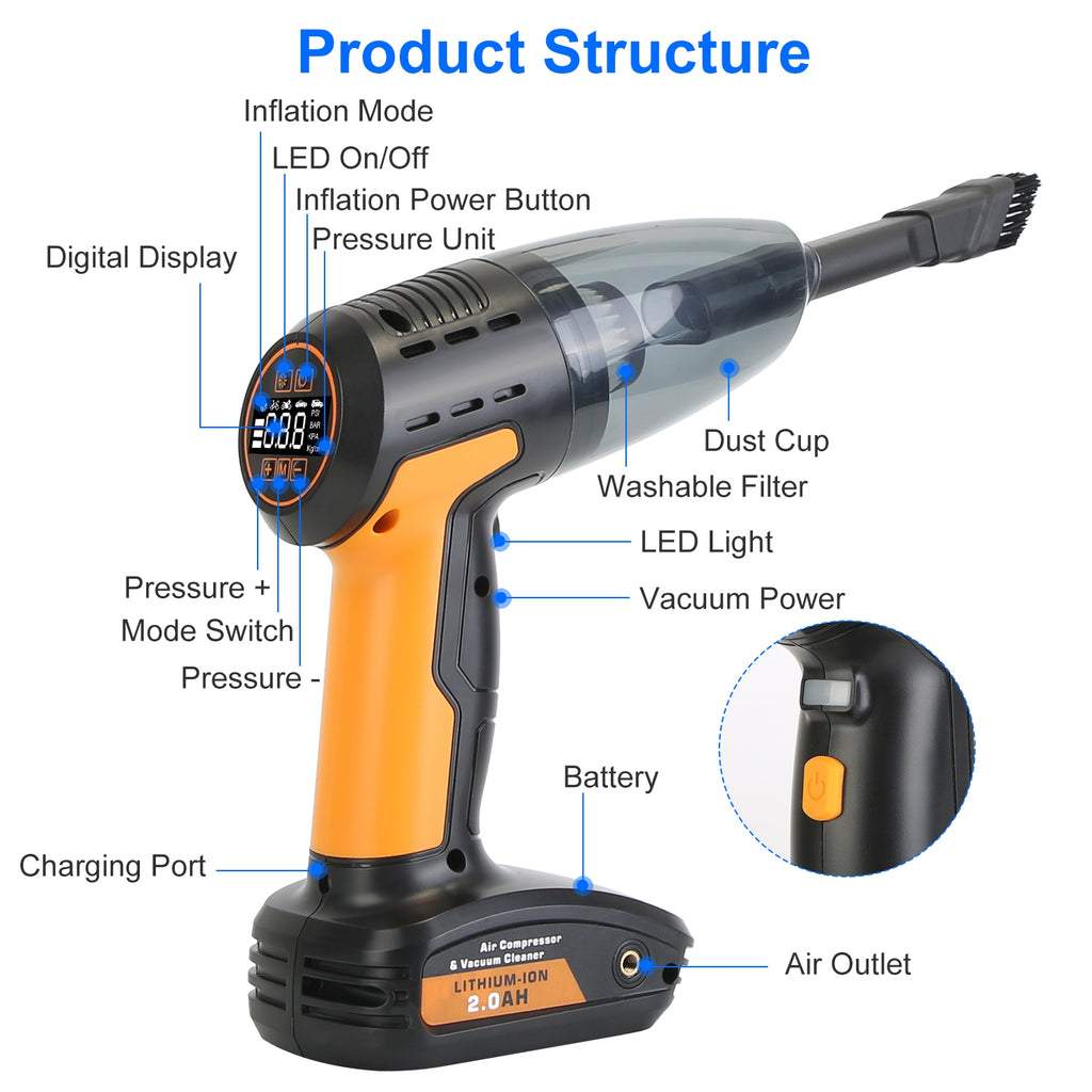 JMD AUTO'S 4 In 1 Cordless Car Vacuum Cleaner And Tire Inflator With LED Light Digital Display Tire Pressure Gauge