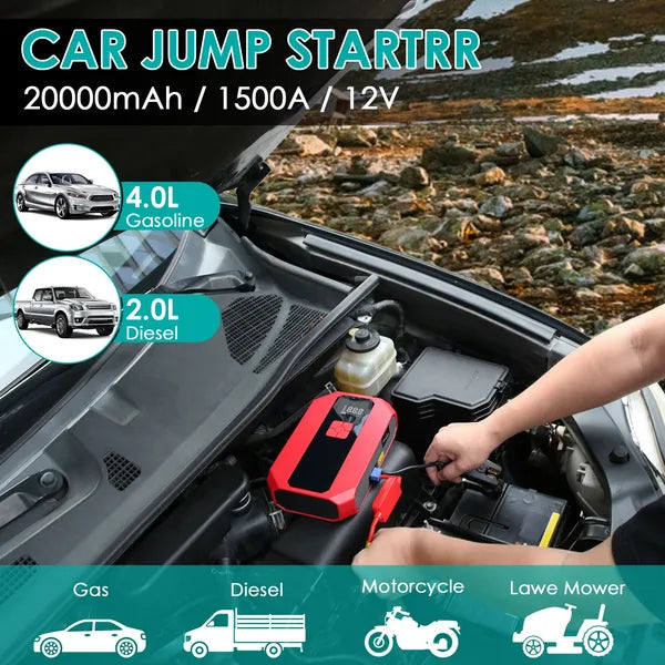 JMD AUTO'S Car Jump Starter Air Compressor 1500A Car Battery  Jump Starter With Power Bank And LED Flashlight With Digital 400 PSI Tire Inflator