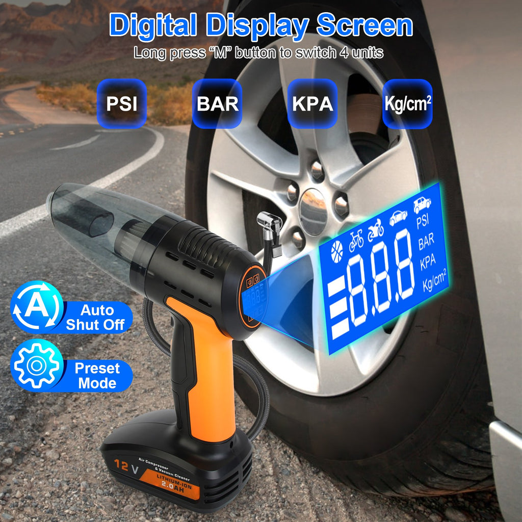 JMD AUTO'S 4 In 1 Cordless Car Vacuum Cleaner And Tire Inflator With LED Light Digital Display Tire Pressure Gauge