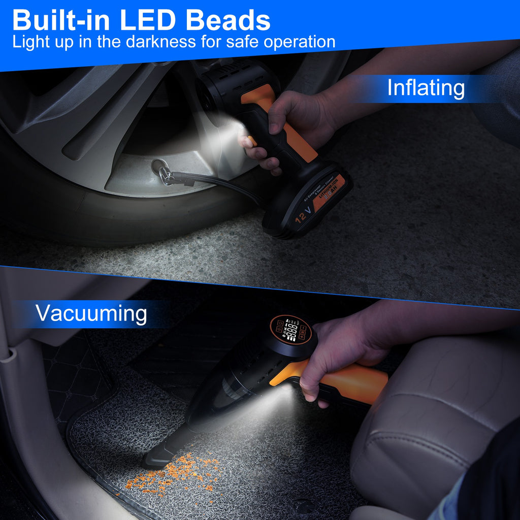 JMD AUTO'S 4 In 1 Cordless Car Vacuum Cleaner And Tire Inflator With LED Light Digital Display Tire Pressure Gauge