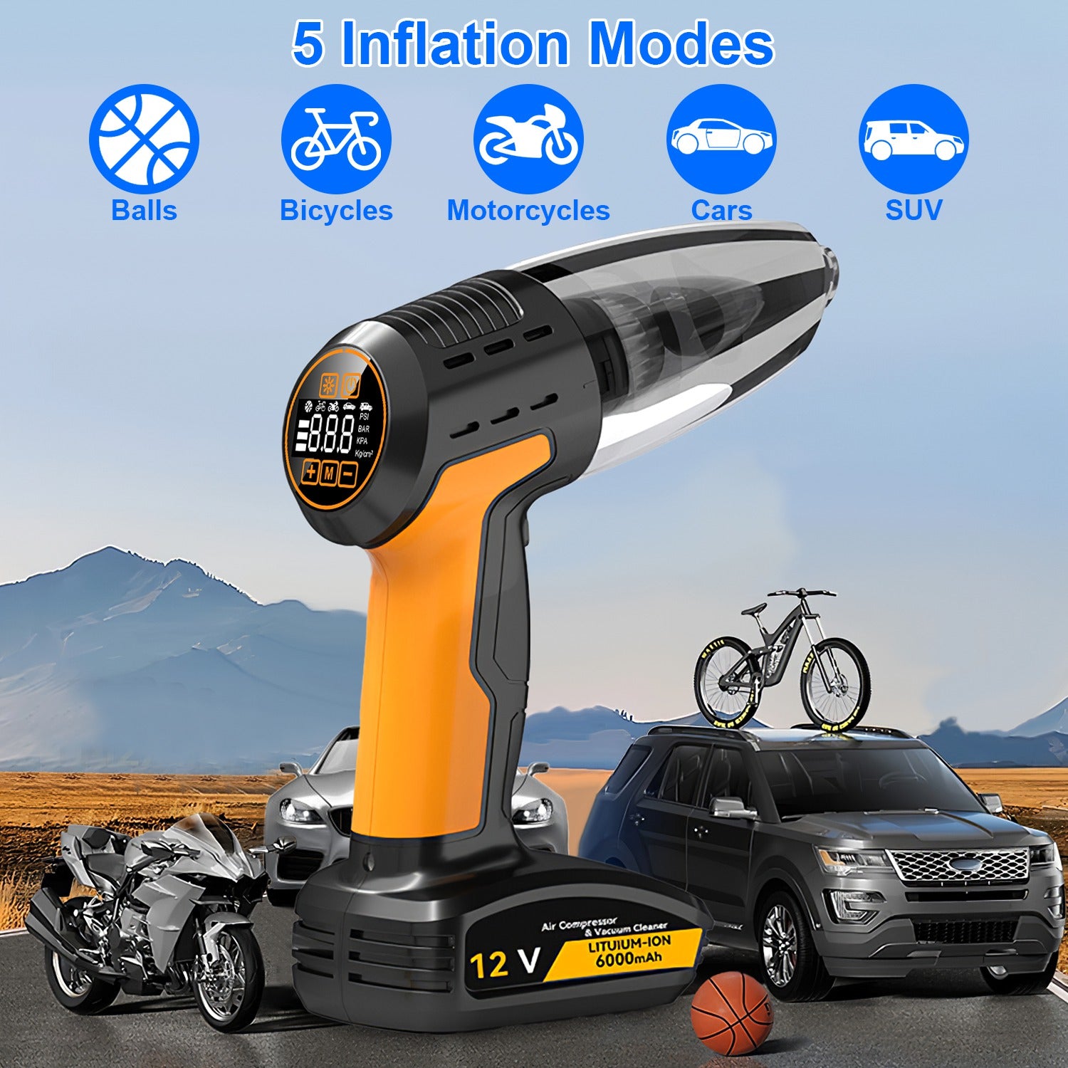 JMD AUTO'S 4 In 1 Cordless Car Vacuum Cleaner And Tire Inflator With LED Light Digital Display Tire Pressure Gauge