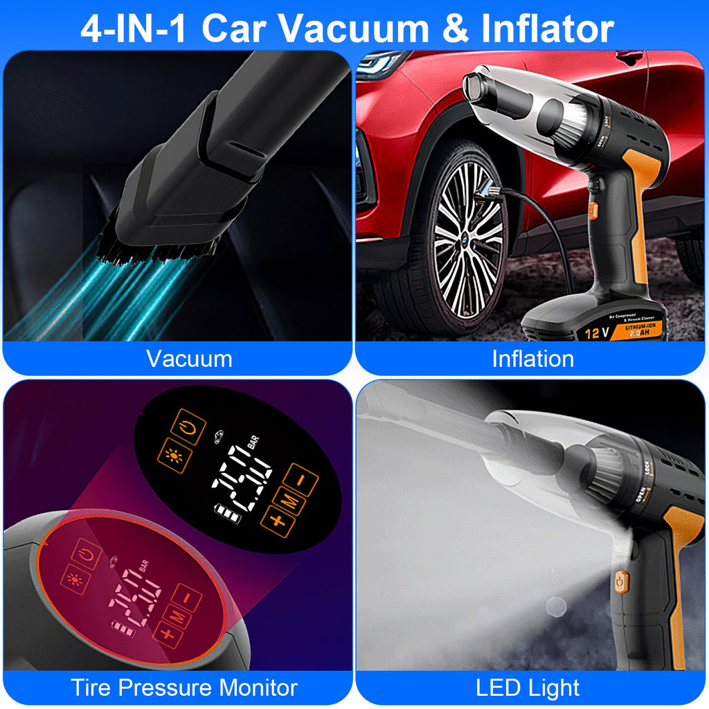 JMD AUTO'S 4 In 1 Cordless Car Vacuum Cleaner And Tire Inflator With LED Light Digital Display Tire Pressure Gauge