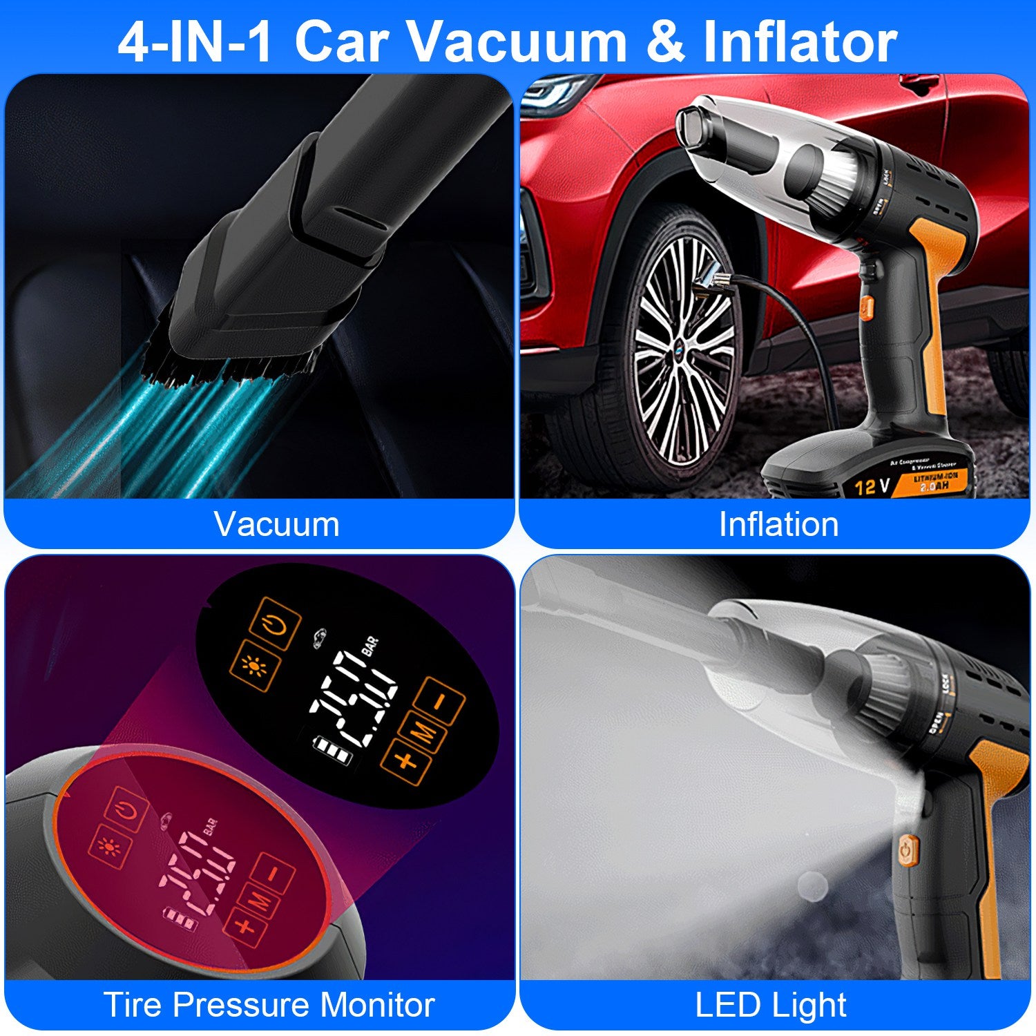 JMD AUTO'S 4 In 1 Cordless Car Vacuum Cleaner And Tire Inflator With LED Light Digital Display Tire Pressure Gauge